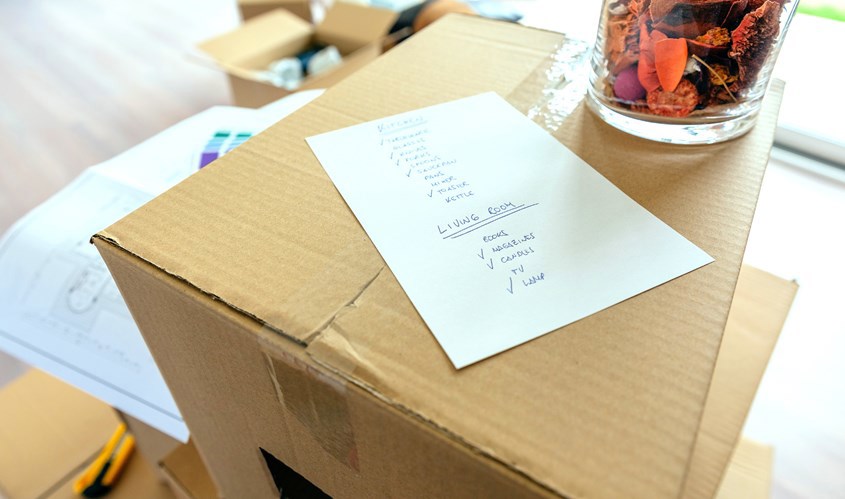 Packing box with a hand written checklist on top